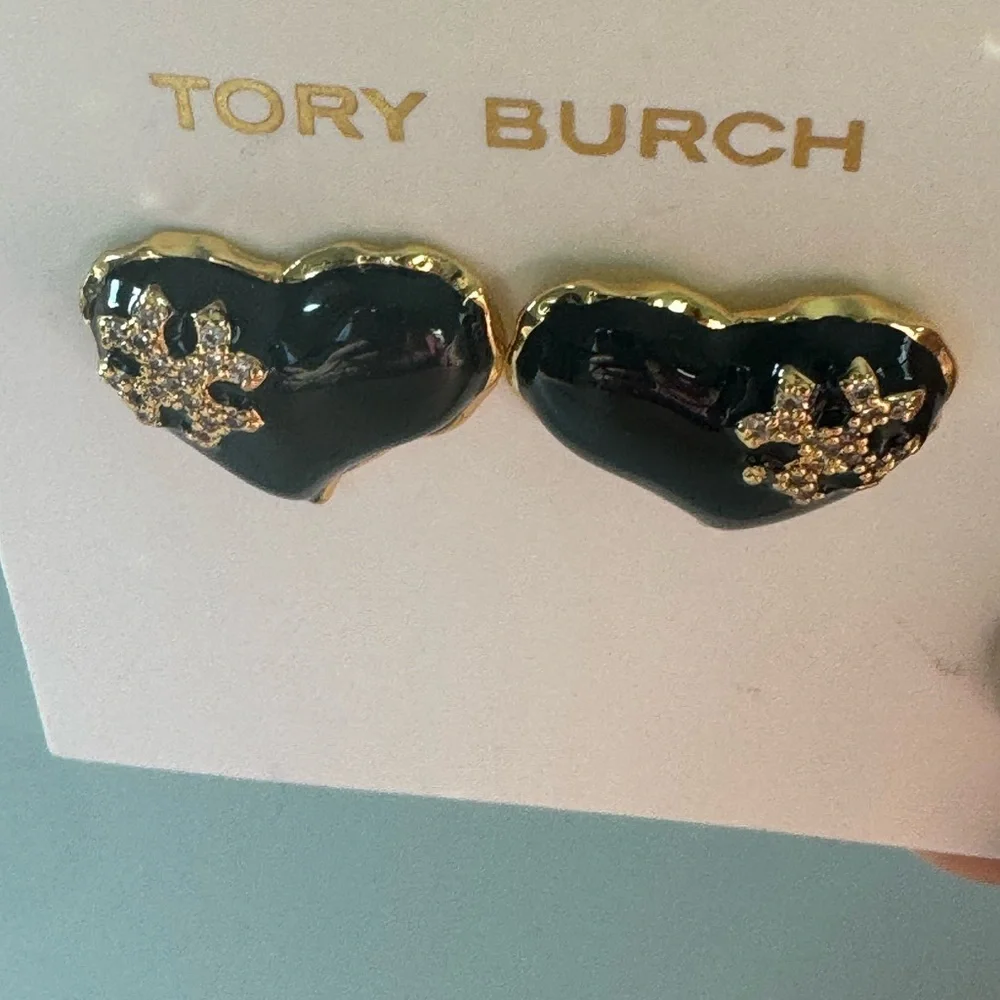 Tory Burch New Kira Black Enamel Heart Pave Crystals Gold-Toned Stud Earrings